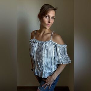 American Eagle Cold Shoulder Top Stripe Embroidered Blue Cream White